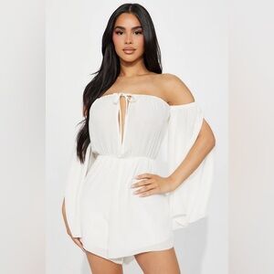 Fashion Nova Off White Off Shoulder Keyhole Long Sleeve Romper with Slits